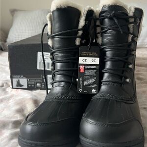 Sorel Black Winter Boots with White Fur Trim